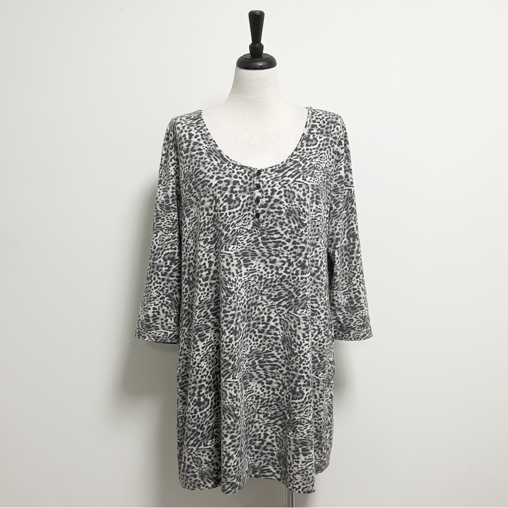 Soma Grey Off White Animal Print Scoop Neck Long Sleeve Sleep Lounge Dress XXL
